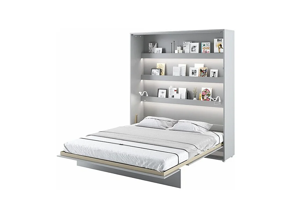 Lit escamotable vertical avec étagères gris mat Noby 160x200-Avec matelas-Avec Led et 2 veilleuses