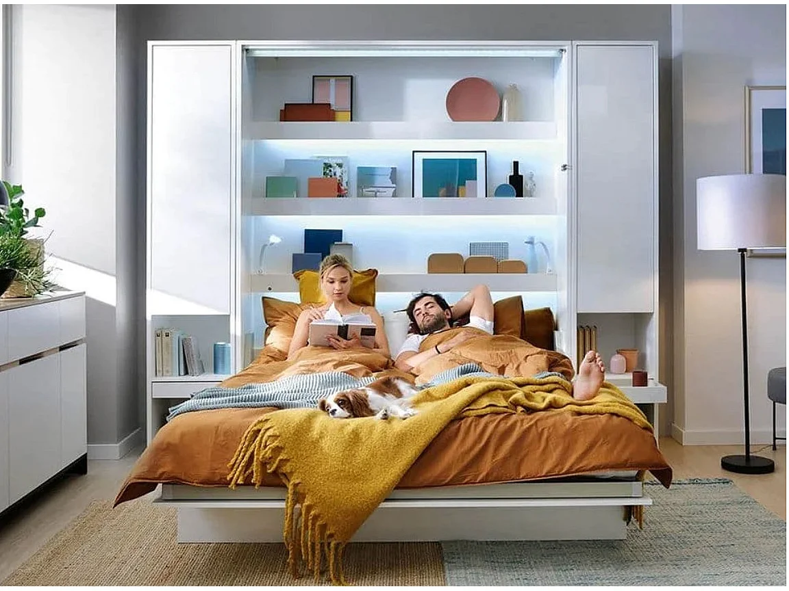 Lit escamotable vertical gris mat avec 2 armoires de rangement Noby-160x200