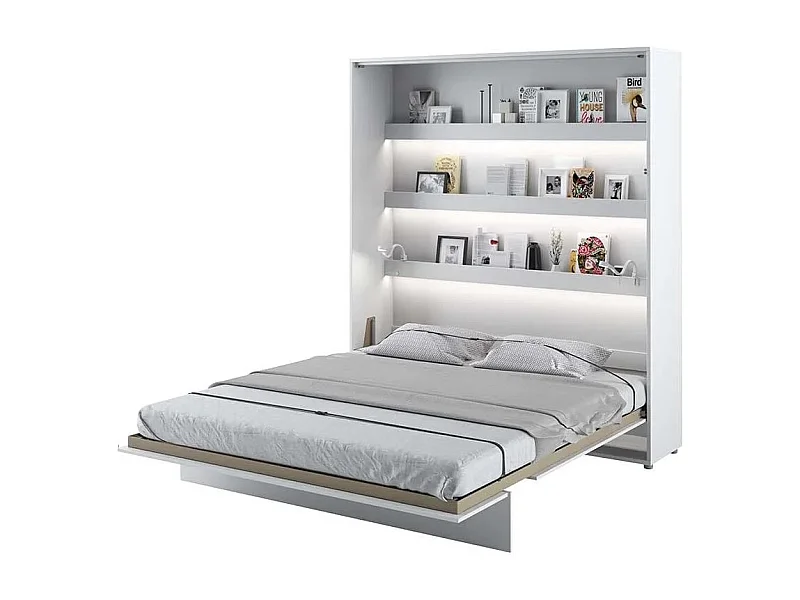 Lit escamotable vertical avec étagères blanc mat Noby 140x200-Avec matelas-Avec Led et 2 veilleuses