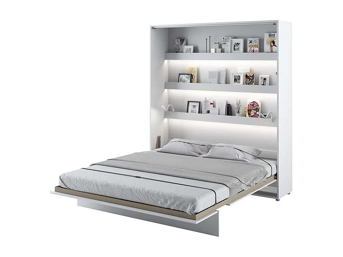 Lit escamotable vertical avec étagères blanc mat Noby 140x200-Avec matelas-Avec Led sans veilleuses
