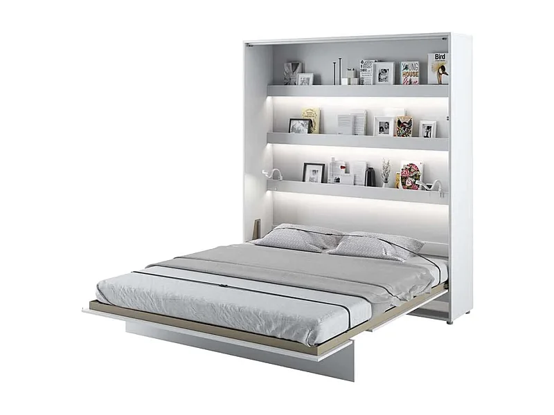 Lit escamotable vertical avec étagères blanc mat Noby 120x200-Avec Led sans veilleuses