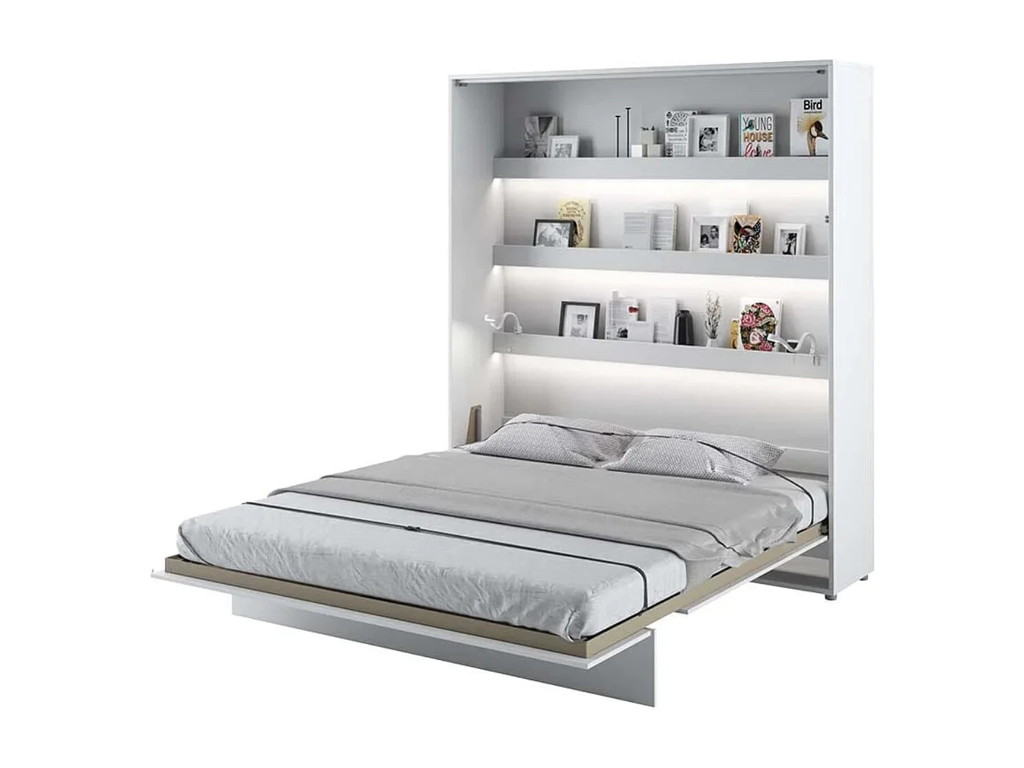 Lit escamotable vertical avec étagères blanc mat Noby 120x200-Avec Led sans veilleuses