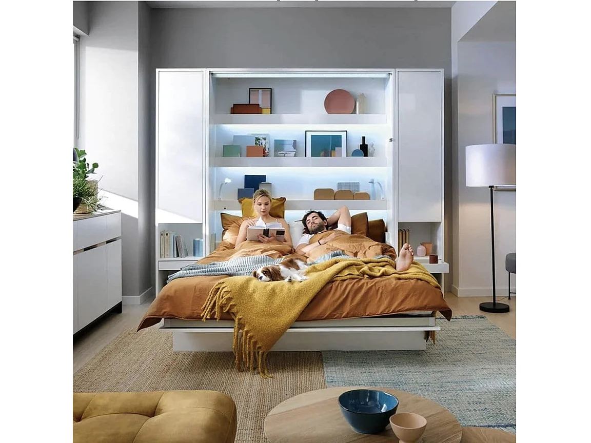 Lit escamotable vertical avec étagères blanc mat Noby 120x200-Avec Led sans veilleuses