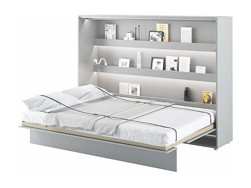 Lit escamotable horizontal avec étagères gris mat Noby 120x200-Avec Led et 2 veilleuses