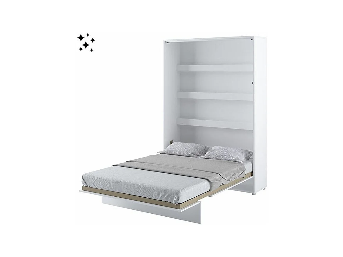 Lit escamotable vertical avec étagères blanc brillant Noby 140x200-Avec matelas-Avec Led sans veilleuses