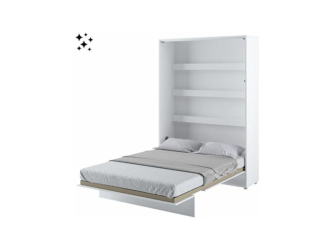 Lit escamotable vertical avec étagères blanc brillant Noby 140x200-Avec matelas-Avec Led sans veilleuses