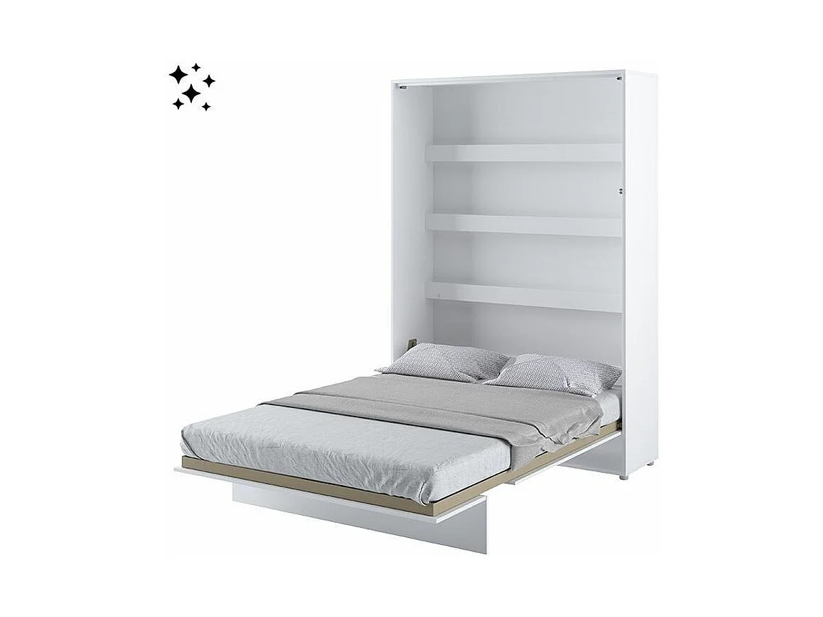 Lit escamotable vertical avec étagères blanc brillant Noby 140x200-Avec matelas-Avec Led sans veilleuses