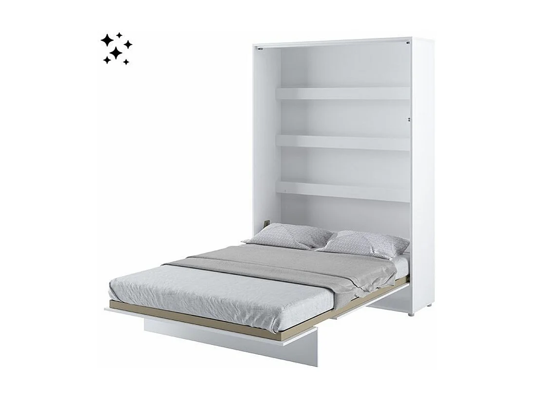 Lit escamotable vertical avec étagères blanc brillant Noby 140x200-Avec matelas-Avec Led sans veilleuses