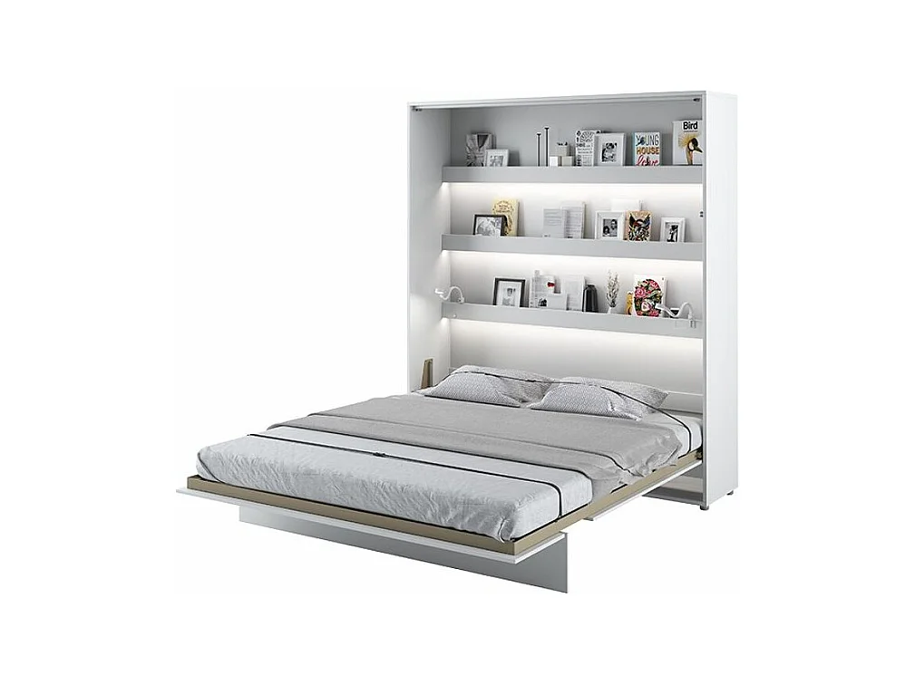 Lit escamotable vertical avec étagères blanc mat Noby 180x200-Avec matelas-Avec Led et 2 veilleuses