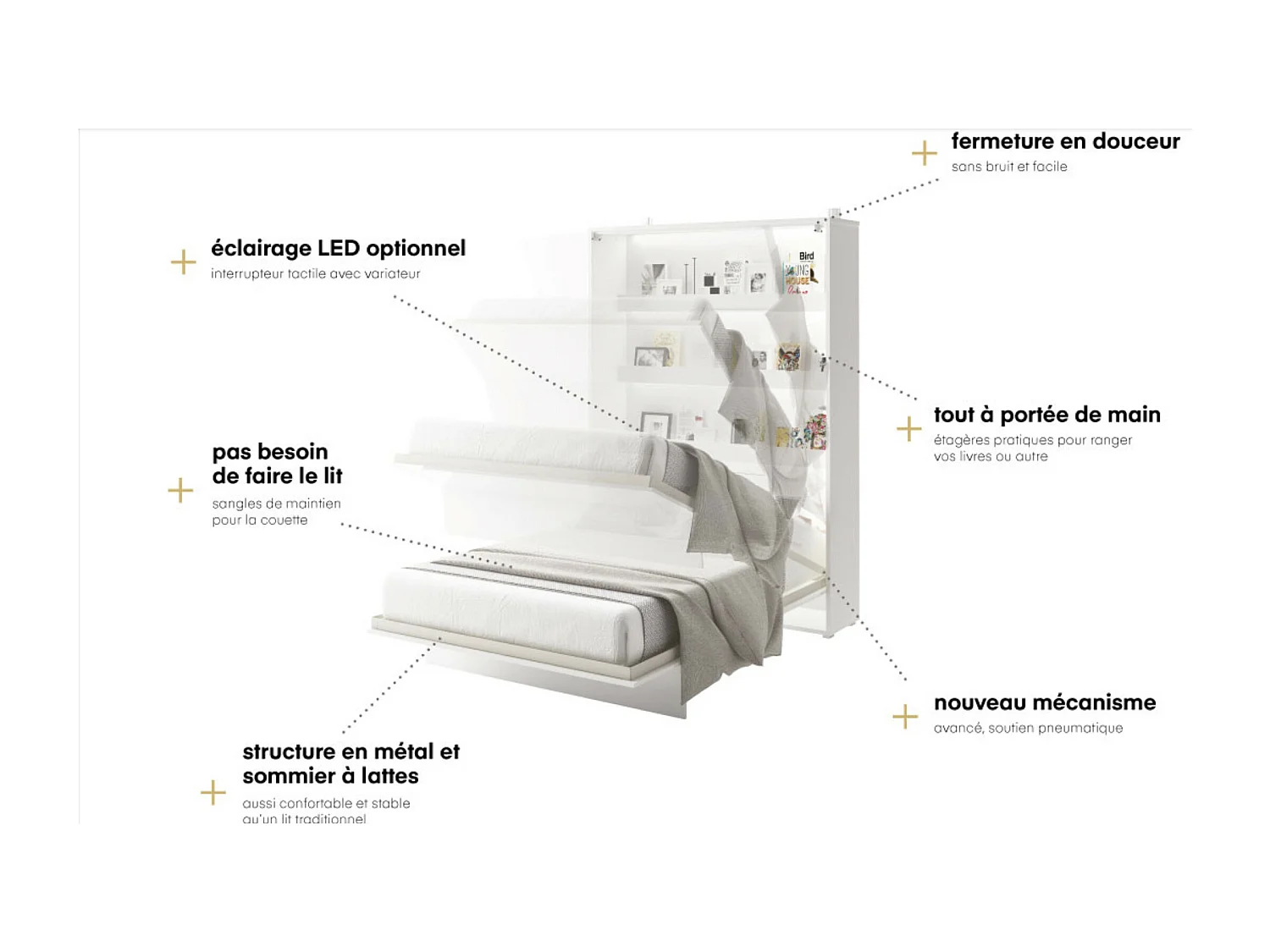 Lit escamotable vertical avec étagères blanc mat Noby 180x200-Avec matelas-Avec Led et 2 veilleuses