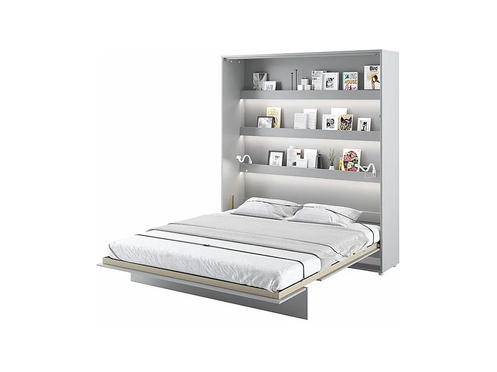 Lit escamotable vertical avec étagères gris mat Noby 160x200-Avec Led et 2 veilleuses