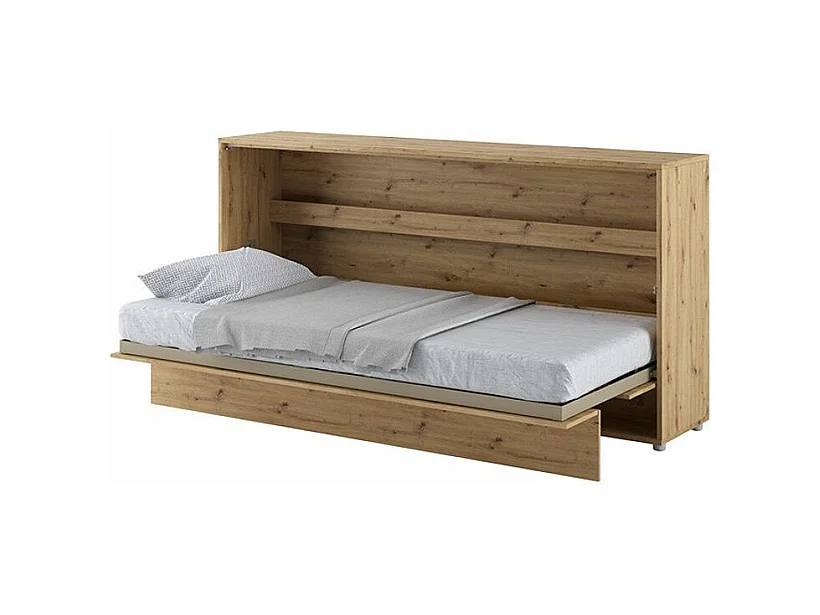 Lit escamotable horizontal avec étagères chêne artisan Noby 90x200-Avec matelas-Avec Led et 2 veilleuses