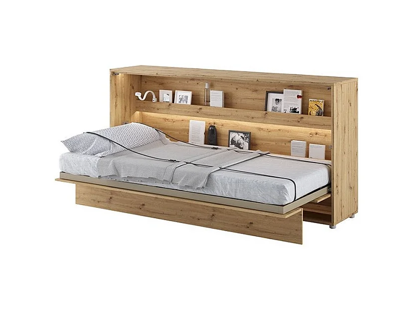 Lit escamotable horizontal avec étagères chêne artisan Noby 90x200-Avec matelas-Avec Led et 2 veilleuses