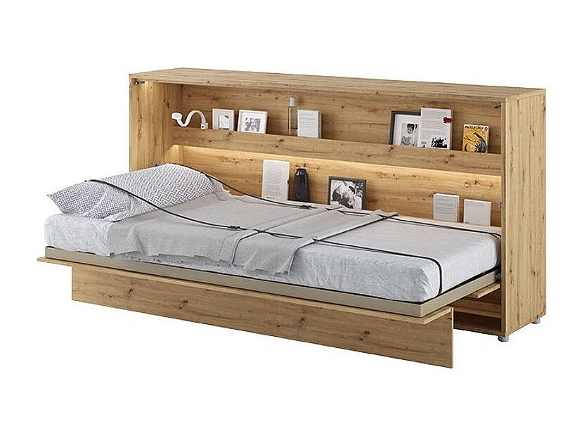 Lit escamotable horizontal avec étagères chêne artisan Noby 90x200-Avec matelas-Avec Led et 2 veilleuses