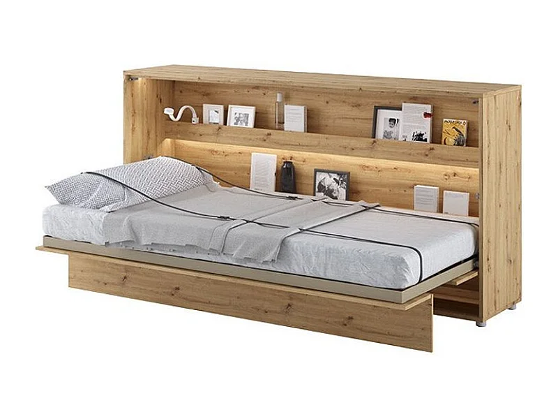 Lit escamotable horizontal avec étagères chêne artisan Noby 90x200-Avec matelas-Avec Led et 2 veilleuses