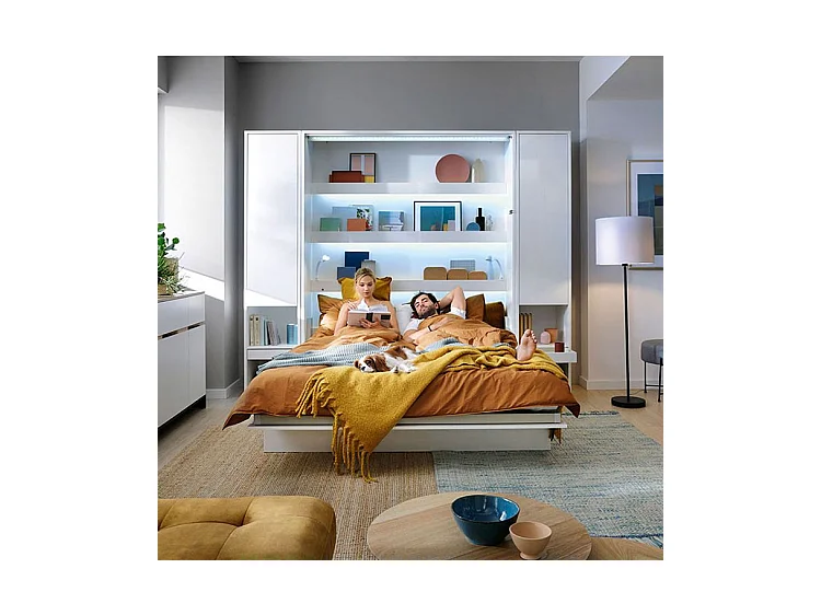 Lit escamotable vertical avec étagères blanc brillant Noby 140x200-Avec matelas