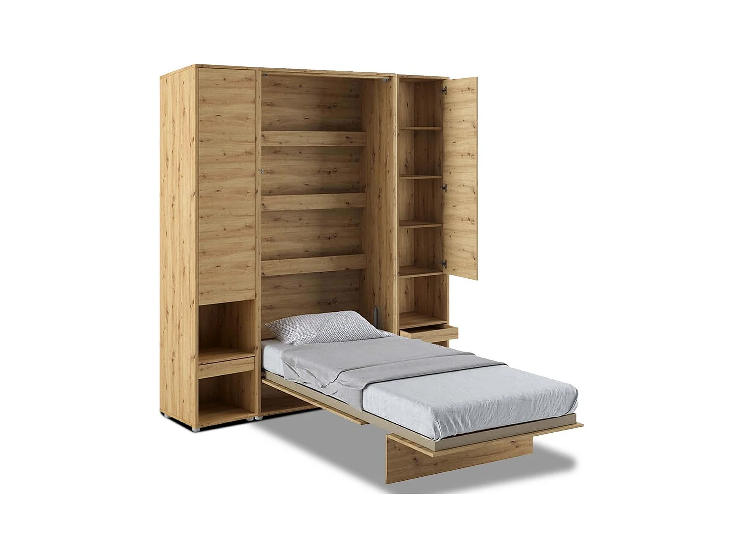 Lit escamotable vertical chêne artisan avec 2 armoires de rangement Noby-90x200