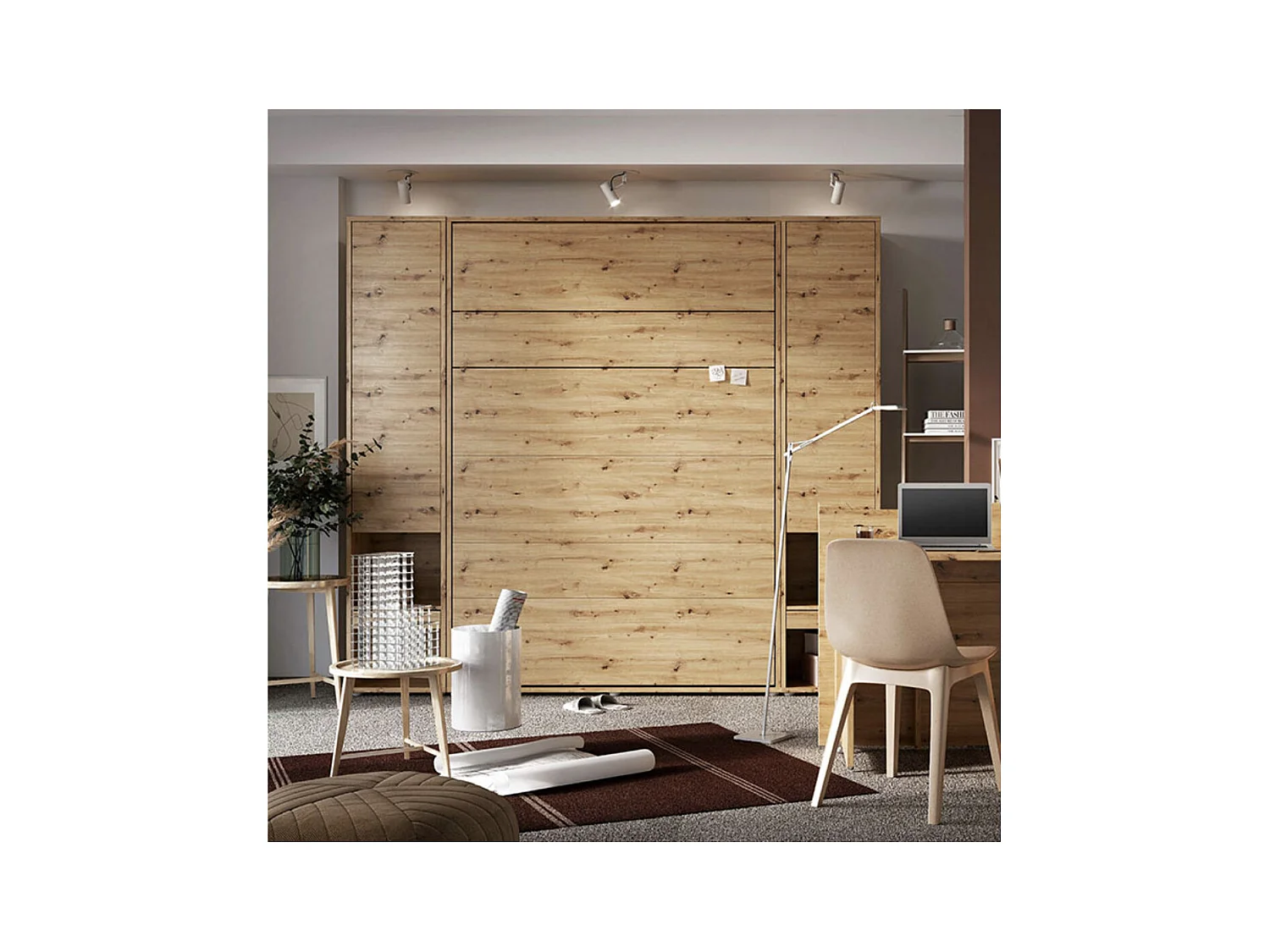 Lit escamotable vertical chêne artisan avec 2 armoires de rangement Noby-90x200