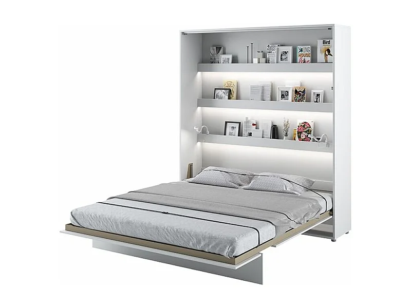 Lit escamotable vertical avec étagères blanc mat Noby 160x200-Avec matelas-Avec Led et 2 veilleuses