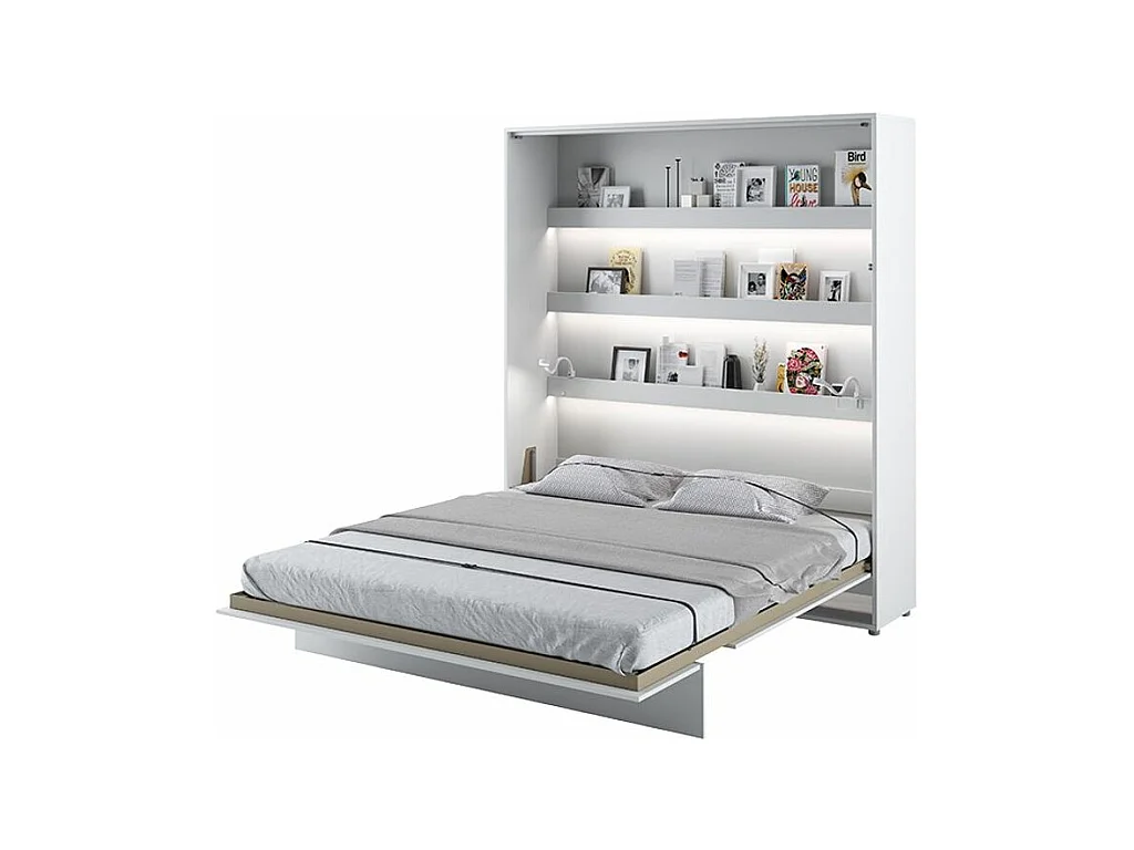 Lit escamotable vertical avec étagères blanc mat Noby 160x200-Avec matelas-Avec Led et 2 veilleuses