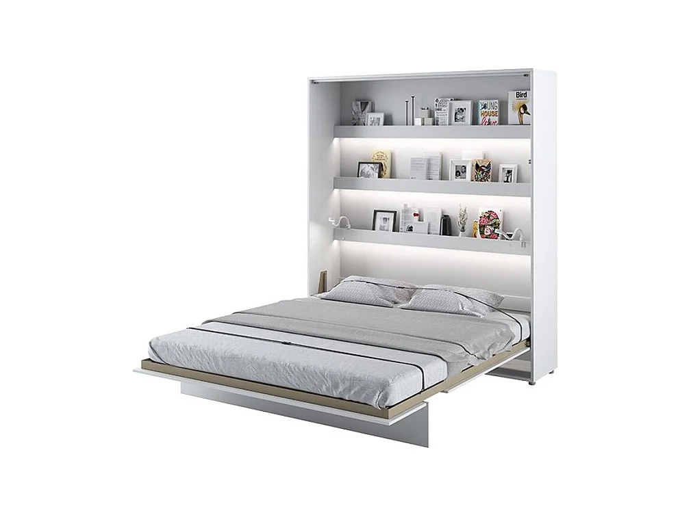 Lit escamotable vertical avec étagères blanc mat Noby 180x200-Avec matelas-Avec Led sans veilleuses