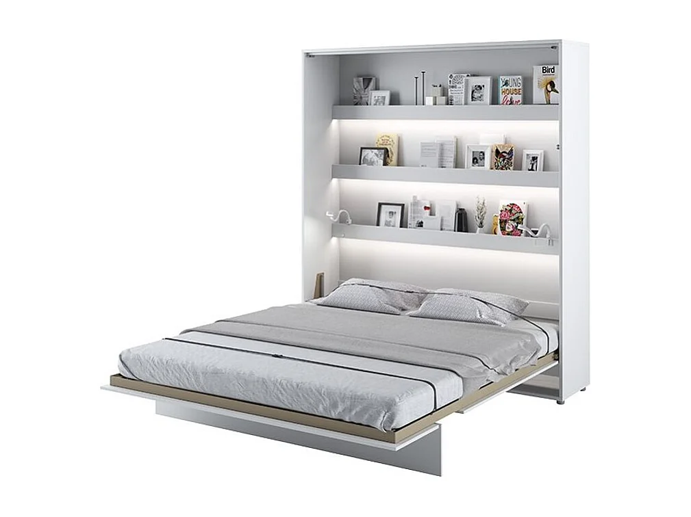 Lit escamotable vertical avec étagères blanc mat Noby 180x200-Avec matelas-Avec Led sans veilleuses