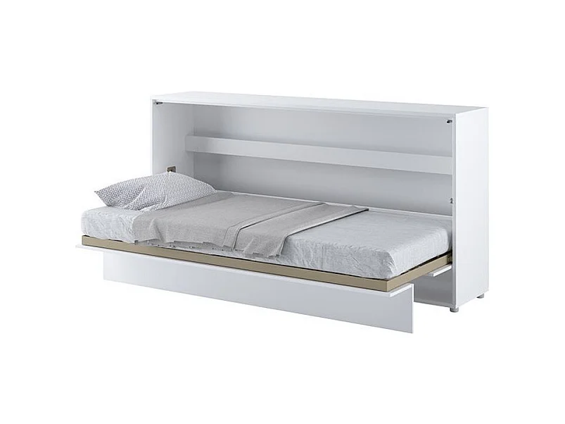 Lit escamotable horizontal avec étagères blanc mat Noby 90x200-Avec matelas-Avec Led et 1 veilleuse
