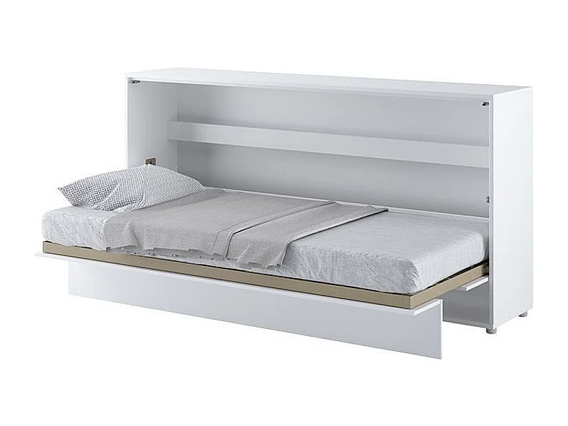 Lit escamotable horizontal avec étagères blanc mat Noby 90x200-Avec matelas-Avec Led et 1 veilleuse