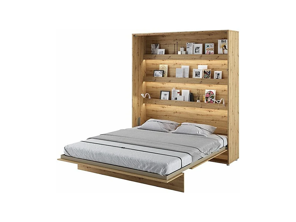 Lit escamotable vertical avec étagères chêne artisan Noby 180x200-Avec matelas-Avec Led sans veilleuses