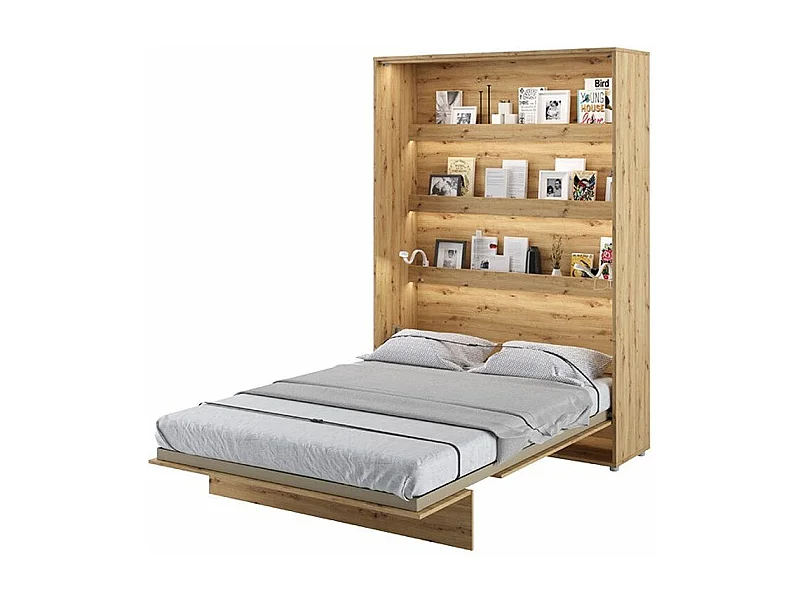 Lit escamotable vertical avec étagères chêne artisan Noby 140x200-Avec Led sans veilleuses