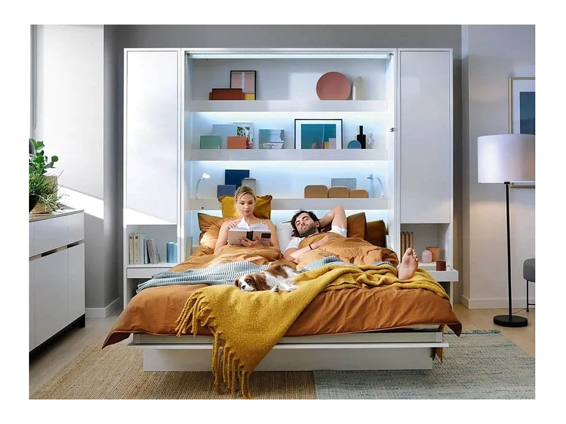 Lit escamotable vertical gris mat avec 2 armoires de rangement Noby-Avec Led-160x200