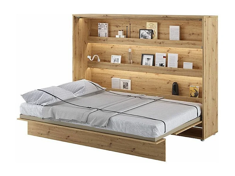 Lit escamotable horizontal avec étagères chêne artisan Noby 120x200-Avec matelas-Avec Led sans veilleuses