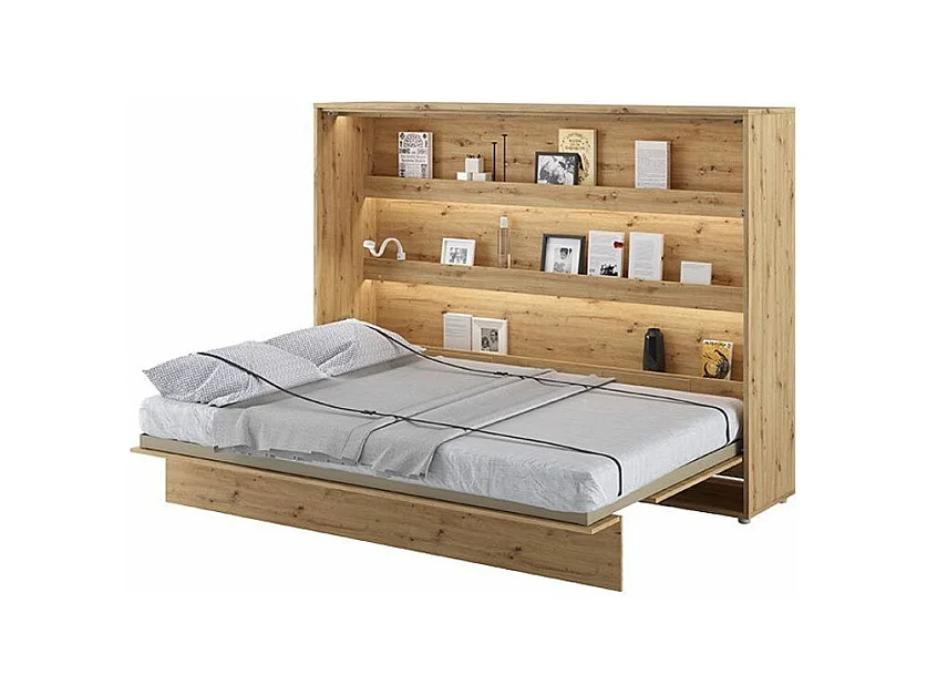 Lit escamotable horizontal avec étagères chêne artisan Noby 120x200-Avec matelas-Avec Led sans veilleuses