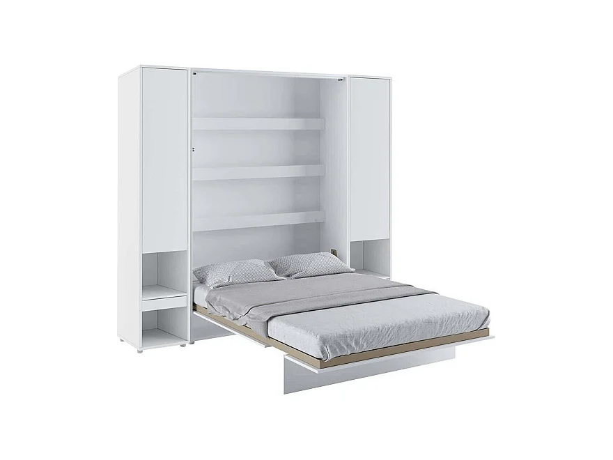 Lit escamotable vertical blanc mat avec 2 armoires de rangement Noby-180x200