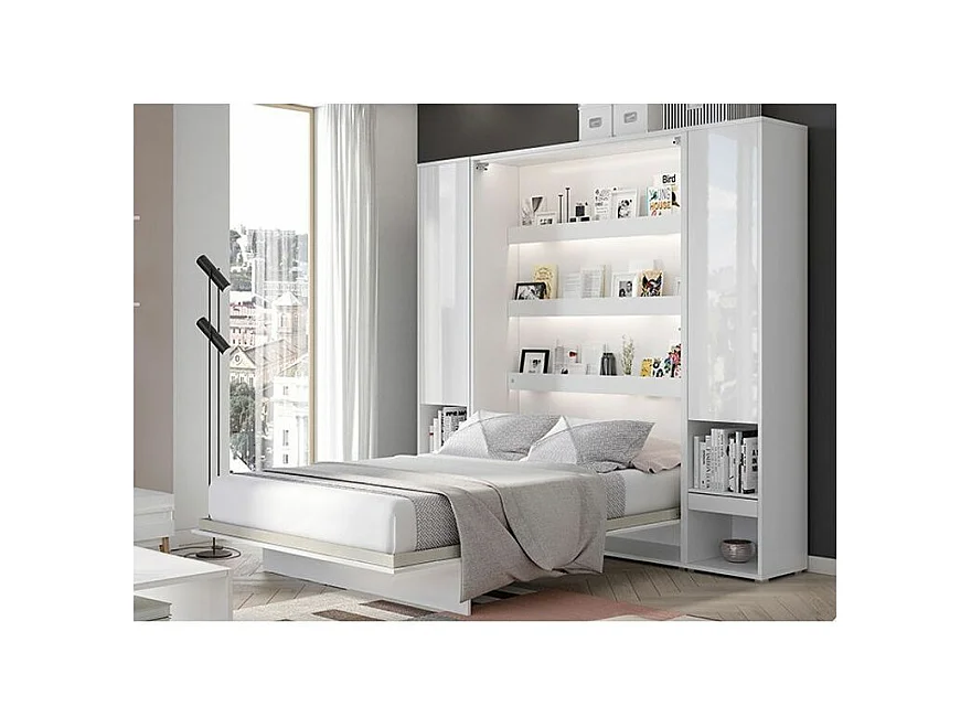 Lit escamotable vertical blanc mat avec 2 armoires de rangement Noby-180x200