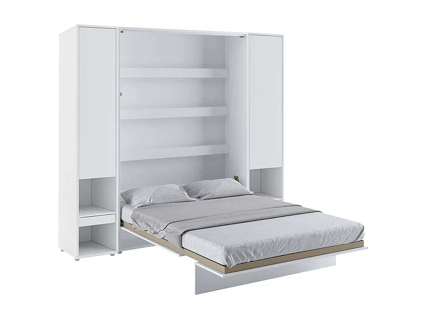 Lit escamotable vertical blanc mat avec 2 armoires de rangement Noby-180x200