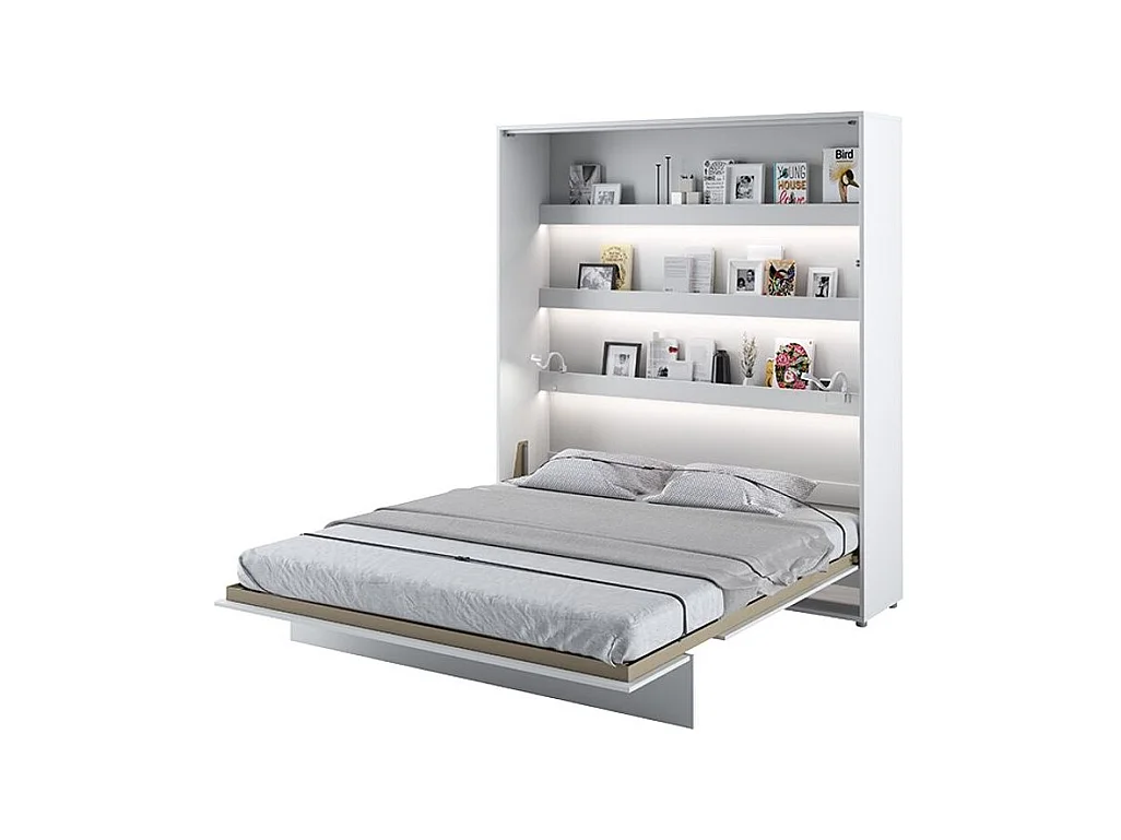 Lit escamotable vertical avec étagères blanc brillant Noby 160x200-Avec Led et 2 veilleuses