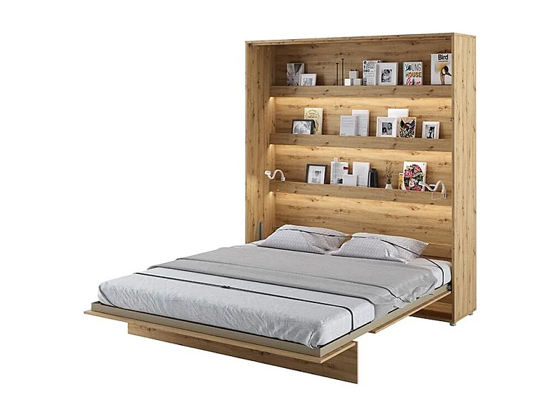 Lit escamotable vertical avec étagères chêne artisan Noby 160x200-Avec Led et 2 veilleuses