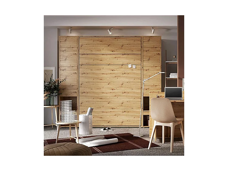 Lit escamotable vertical avec étagères chêne artisan Noby 90x200-Avec Led et 2 veilleuses