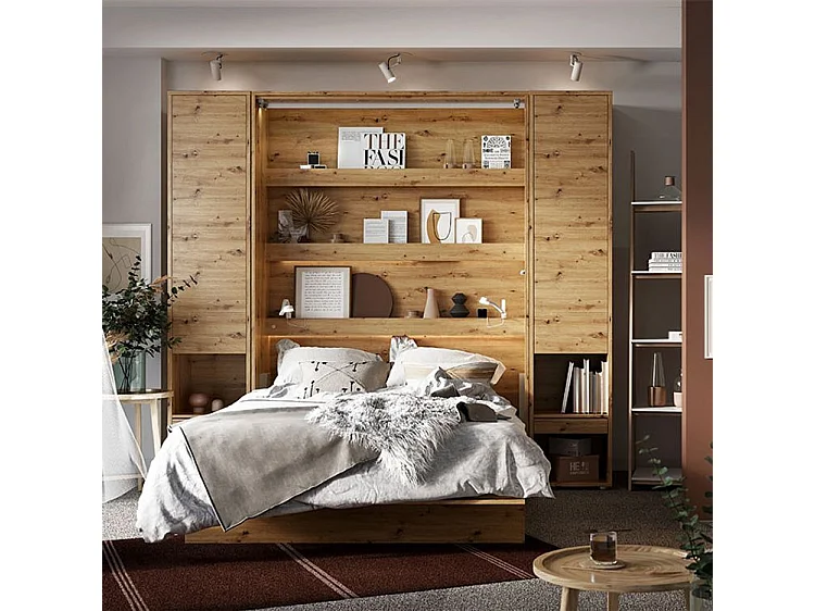 Lit escamotable vertical avec étagères chêne artisan Noby 90x200-Avec Led et 2 veilleuses