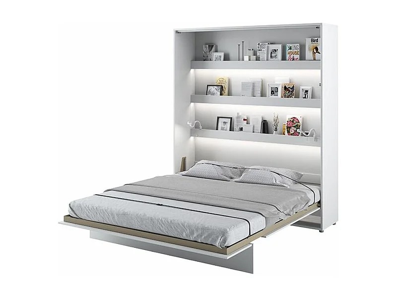 Lit escamotable vertical avec étagères blanc brillant Noby 180x200-Avec matelas-Avec Led sans veilleuses