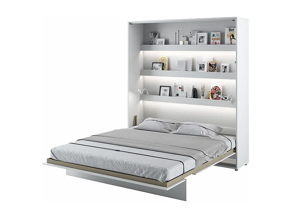 Lit escamotable vertical avec étagères blanc brillant Noby 180x200-Avec matelas-Avec Led sans veilleuses