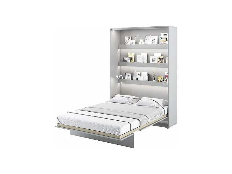 Lit escamotable vertical avec étagères bois gris mat Noby 140x200-Avec matelas-Avec Led sans veilleuses