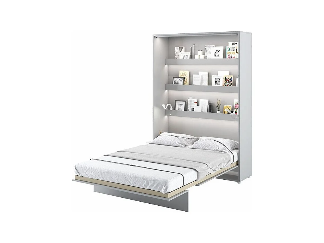 Lit escamotable vertical avec étagères bois gris mat Noby 140x200-Avec matelas-Avec Led sans veilleuses