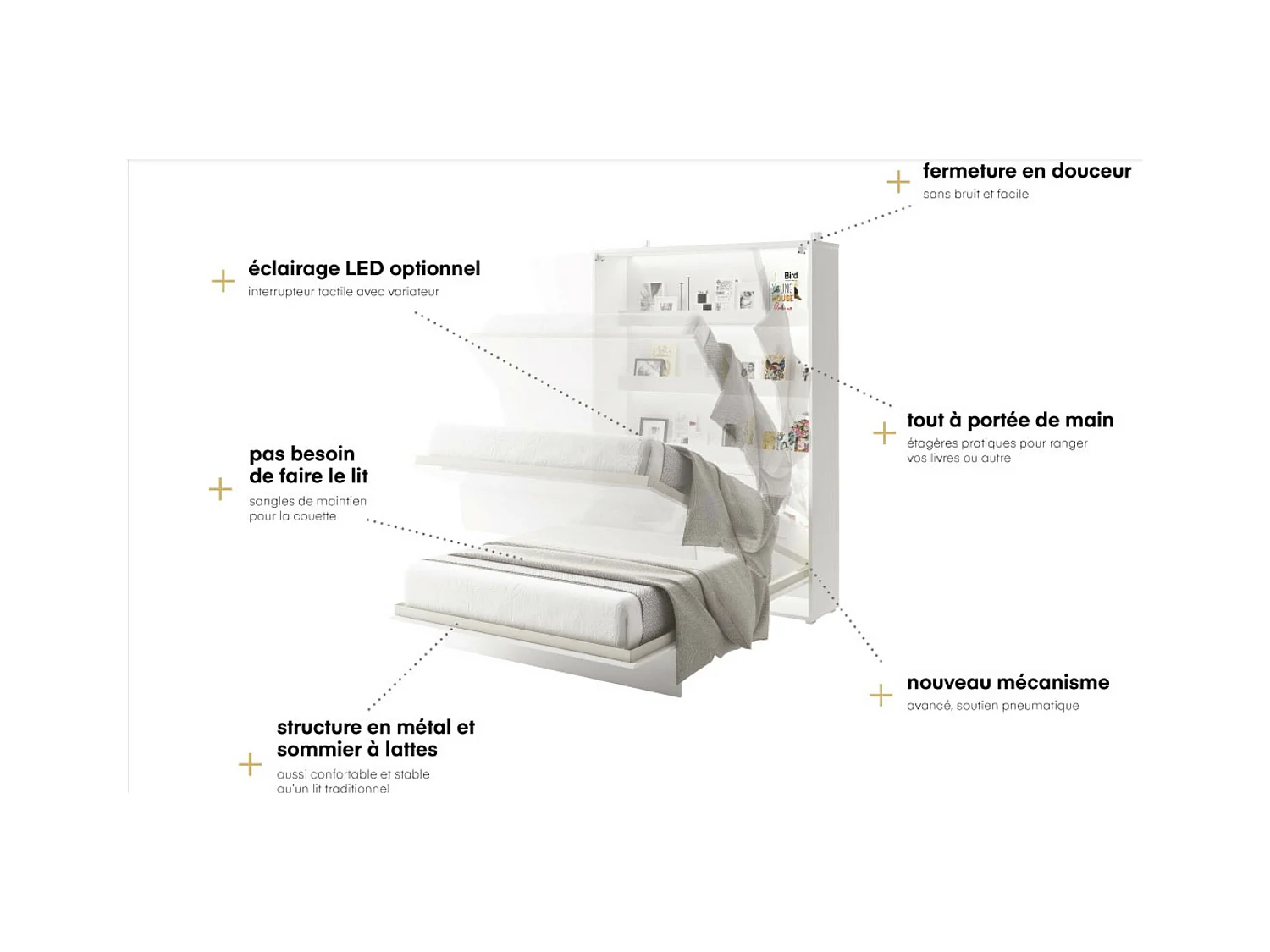 Lit escamotable horizontal avec étagères chêne artisan Noby 140x200-Avec matelas-Avec Led sans veilleuses