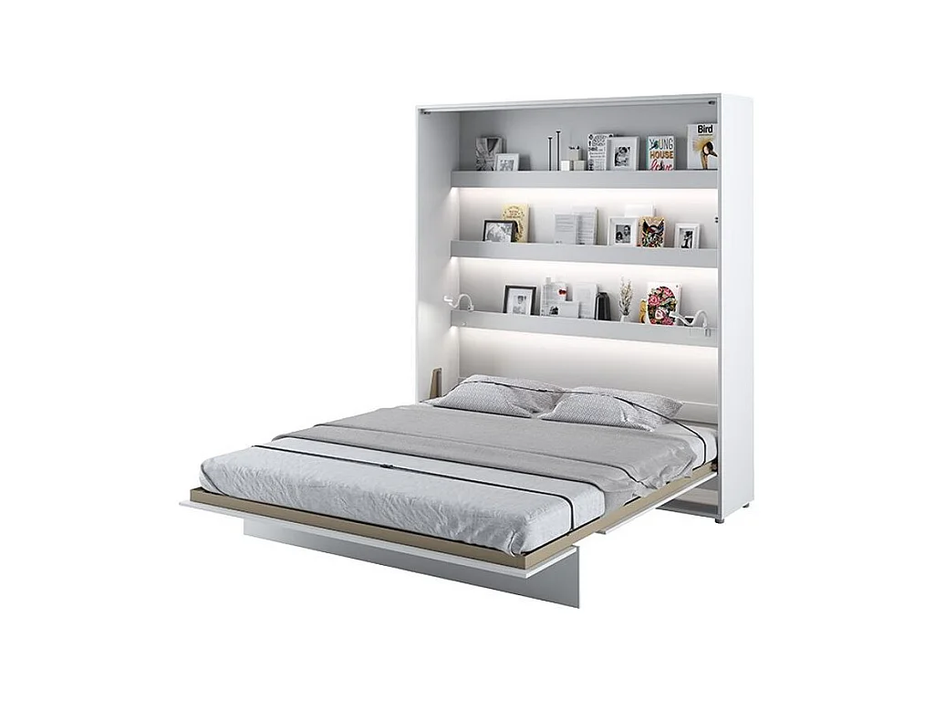 Lit escamotable vertical avec étagères blanc mat Noby 160x200-Avec Led et 2 veilleuses