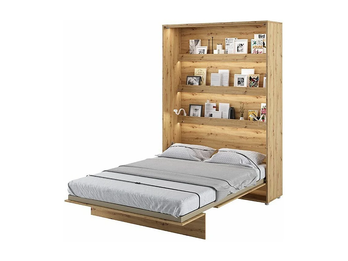 Lit escamotable vertical avec étagères chêne artisan Noby 140x200-Avec matelas-Avec Led et 2 veilleuses