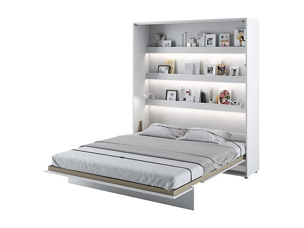 Lit escamotable vertical avec étagères blanc mat Noby 160x200-Avec Led sans veilleuses