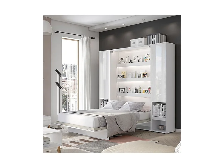 Lit escamotable vertical avec étagères blanc brillant Noby 90x200-Avec matelas-Avec Led et 2 veilleuses