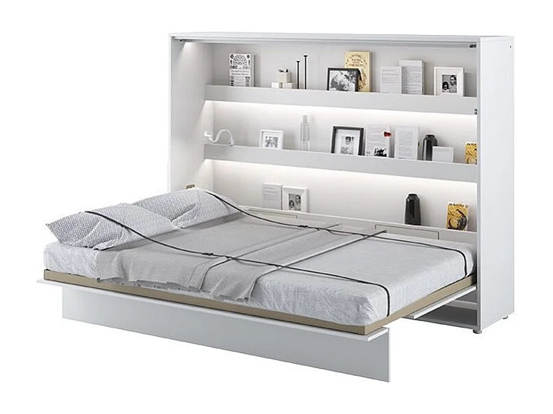 Lit escamotable horizontal avec étagères blanc brillant Noby 120x200-Avec matelas-Avec Led sans veilleuses